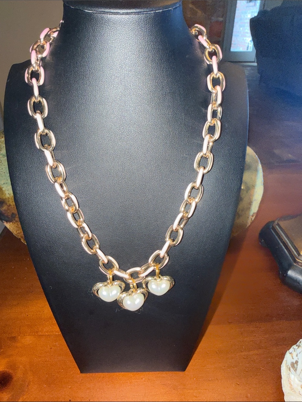 Gold Chain Necklace with Heart Pearl Charms - Women's Jewelry